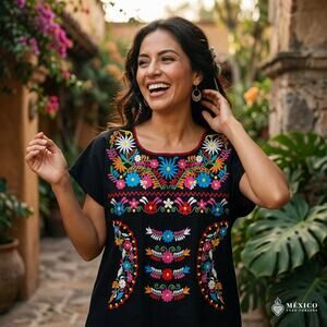Mexican Embroidered Blouse – Handmade Otomi Floral design  LARGE